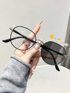 Unisex Geometric Design Casual Fashion Color-Changing Glasses, Trendy Casual Glasses, Copper Frame, Perfect for Daily Wear, Office Reading, Travel, and Leisure Activities, Unisex Appeal