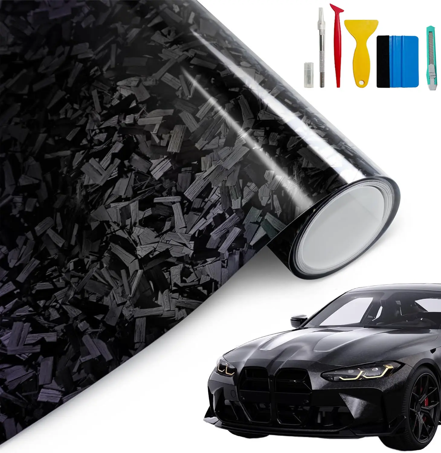 Forged Carbon Fiber Vinyl Wrap - 1FT x 5FT Glossy Black Car Body Film for Vehicle Interior & Exterior Decoration - Premium PVC Material - Mirror-Like Finish - Easy Installation - Supplier Warranty Included