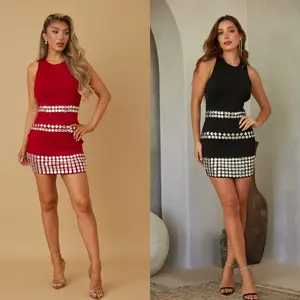 TRIPLE LAYERED JEWELS MINI SHORT DRESS - SLEEVELESS / ROUND NECK LINE / JEWEL SHAPE TRIM ON WAIST LINE AND BOTTOM TRIM - ZIPPER ON BACK