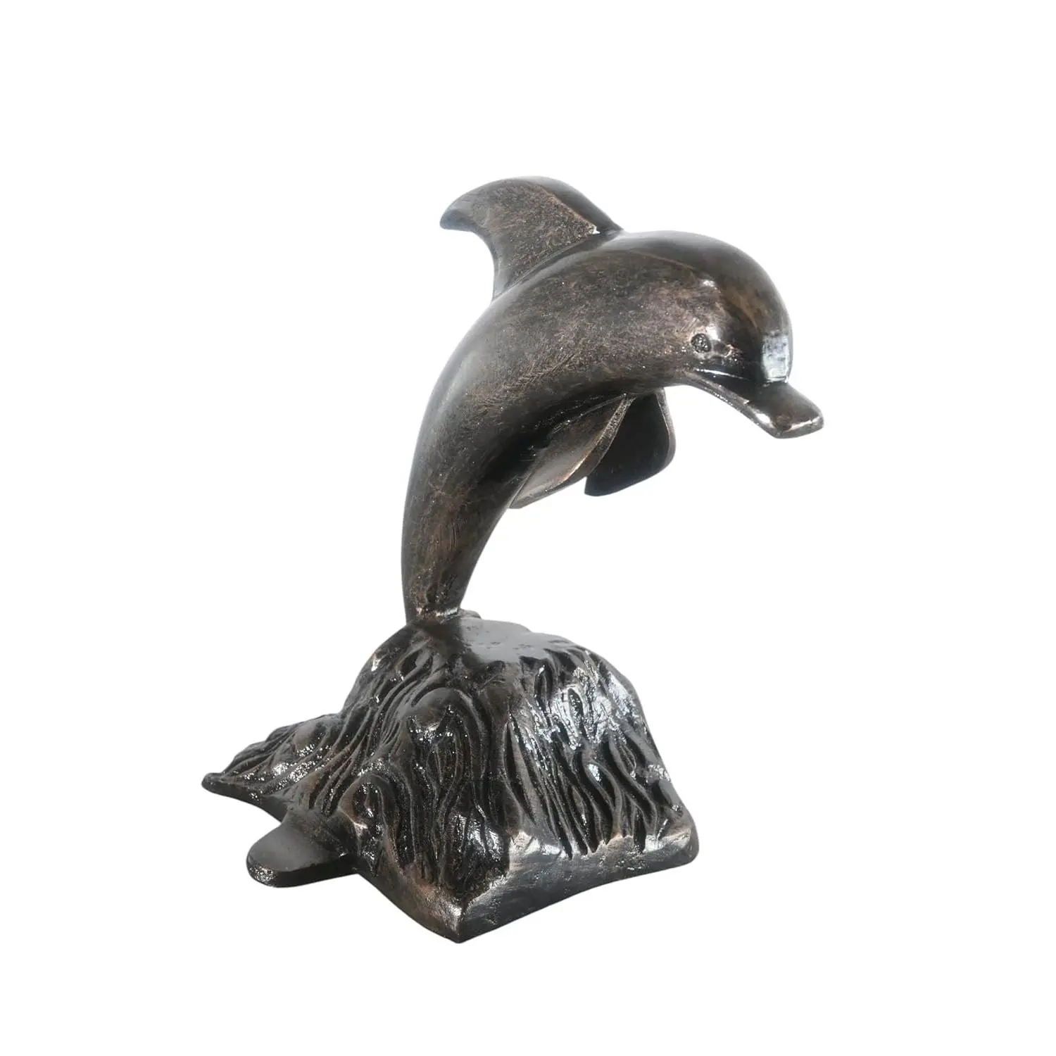 Aluminum Playful Leaping Dolphin Sculpture with Wave Base, Smooth Lightweight Coastal Shelf Decor, 11"x11"x14"H, Ideal Home Improvement & Garden Decor Gift