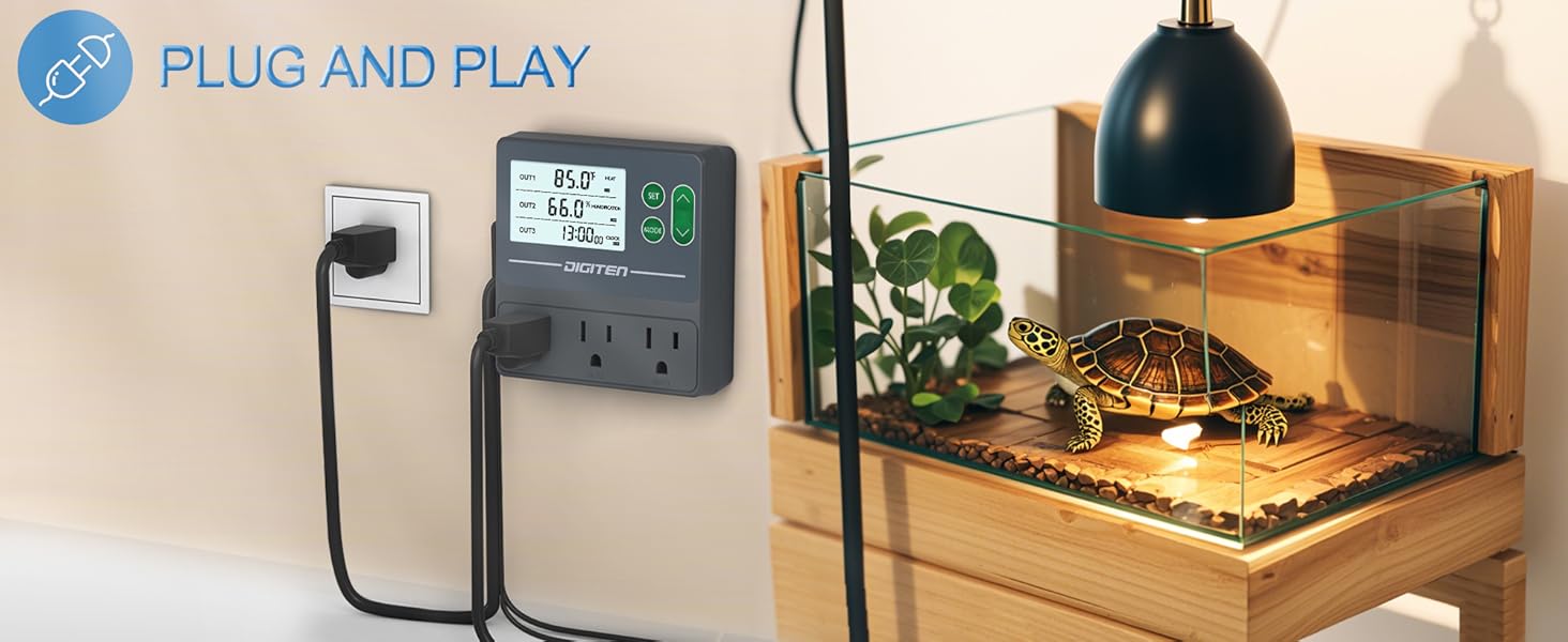 DIGITEN Temperature and Humidity Controller with Timer - 3 Outlet, 2 Separate Probes, Plug in Temperature Controller for Reptiles,Snake, Mushrooms, Tent, Triple Control for Temp,Humidity,Time