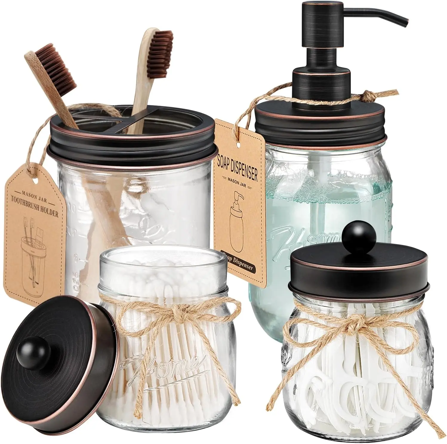 Mason Jar Bathroom Accessories Set 4 Pcs, Oil Rubbed Bronze | Lotion Soap Dispenser, 2Qtip Holders, Toothbrush Holder, Rustic Farmhouse Decor, Bathroom Home Decor, Perfect Decorating Idea