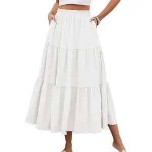 Women's Summer Casual Elegant Smock Layered Tiered Maxi Skirt High Waisted A Line Flowy Long Skirts with PocketsGift