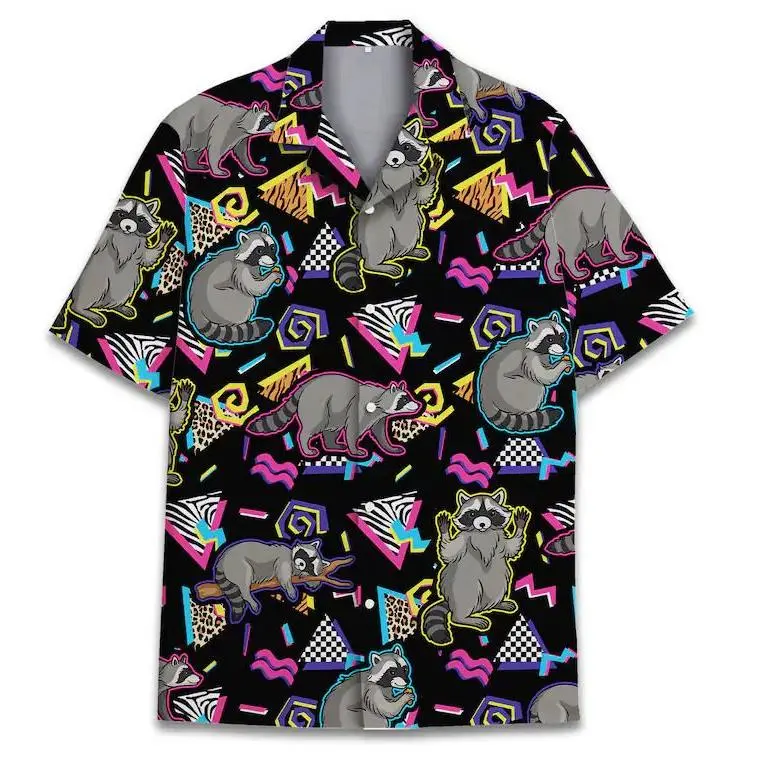 Retro Raccoon 90s Hawaiian Shirt Menswear, Multicolor Racoon Button Collared Shortsleeve Aloha Top, Casual Tropical Streetwear Polyester