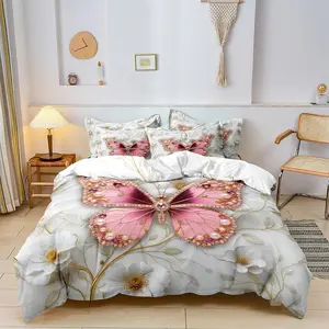 Butterfly Rose Print Bedding Set, Includes 1 Fitted Sheet and 2 Pillowcases, Soft and Comfortable, Ideal for Bedroom and Guest Room