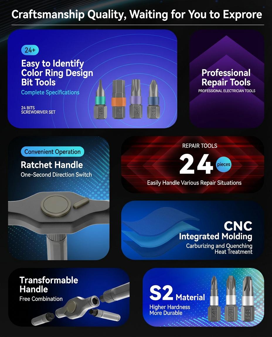 24 in 1 Magnetic Ratchet Screwdriver Set, Pocket Portable Hand Tools, DIY Compact Home Repair Tool Box with Interchangeable Bits, Switchable Multi-Tool Kit