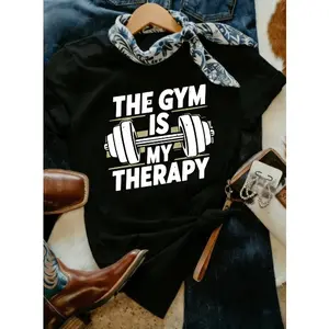 Women's Gym Motivation Graphic T-Shirt Workout Tee With Barbell Design Casual Fitness Apparel For Women Sporty Crew Neck Short Sleeve Shirt Womenswear Top t shirts women