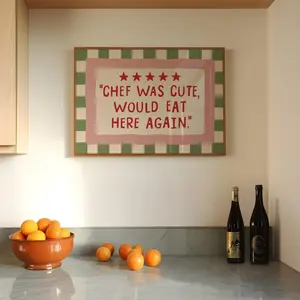 Chef Was Cute Would Eat Here Again Print, Trendy Kitchen Art, Pink Green