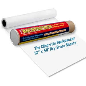Backpacker Cling-rite Rolls Clingers Dry Erase Portable Whiteboard New Format - 12 in x 50 ft Roll, Trim to Any Length - Reusable Surface for School Supplies, Office Decor, Kids Art & Craft Projects