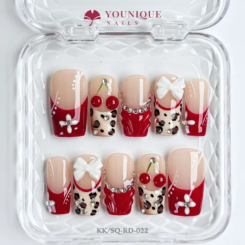 Younique Nails HOLIDAY BOW SOFT GIRL COLLECTION Handmade Reusable Acrylic Set Kit Luxury Press-On Salon Quality Fake Press On Tip Week Wear Short Square Shape Floral Detail Nude French Design Kawaii Rhinestone Jewel Mixed Multi Pearl Different Size