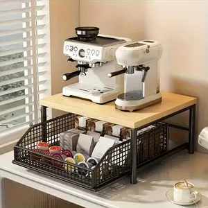 Modern Kitchen Microwave Rack Storage Shelf with Drawers, Durable Metal Structure, Space-Saving Countertop Organizer, Stores Appliances & Utensils