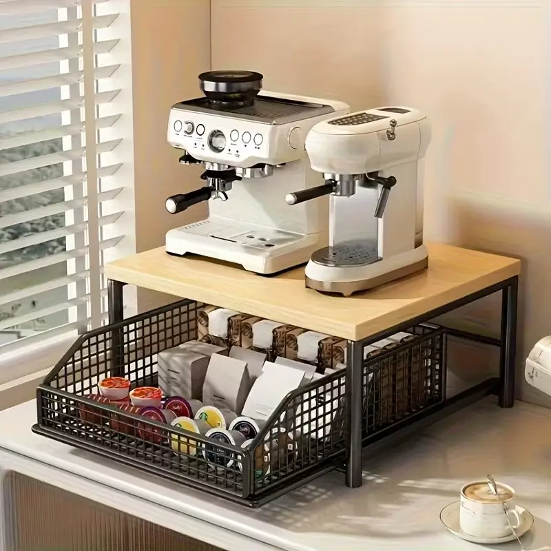 Modern Kitchen Microwave Rack Storage Shelf with Drawers, Durable Metal Structure, Space-Saving Countertop Organizer, Stores Appliances & Utensils