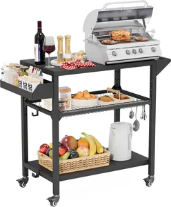 Incbruce Outdoor Grill Cart with Wheels, 2-Tier Pizza Oven Table Stand, Outdoor Movable Kitchen Cooking Prep Table with Seasoning Tray for Home Party, Bar, Camping, Patio (Black)