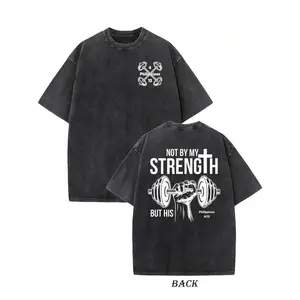 vintage Unisex heavyweight pure cotton T-shirt - 'Not by my strength, but by His' double-sided printed cross and dumbbell pattern