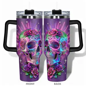 1pc 40oz/30oz/22oz/20oz/14oz Cup Stainless Steel Hydration Tumbler With Sugar Skull Floral Pattern Design, Leakproof Large Capacity, Needed for Gym, Hiking, Travel Ideal Birthday Christmas Gift Perfect Gift