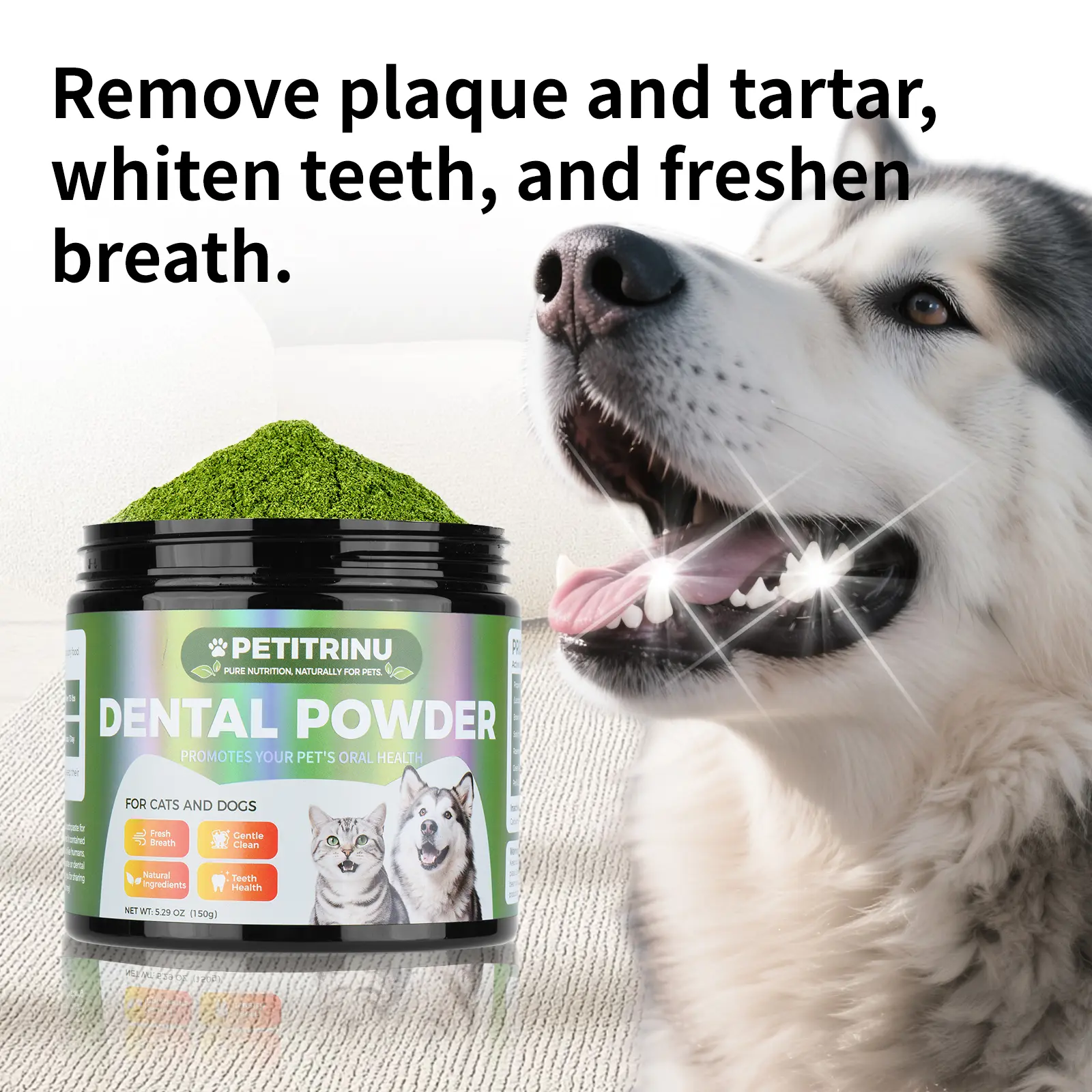 Pet Dental Powder for Dogs & Cats, Dog Teeth Cleaning Powder Helps Reduce Plaque & Tartar Build-Up, Freshens Breath, Supports Oral Health, Easy Daily Food Topper, 150g