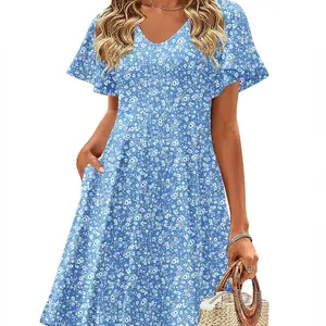 Womens Summer Dress Casual Swing Floral Ruffle Short Sleeve Sundresses Beach Mini A-line Shift Dress 2025 with Pockets