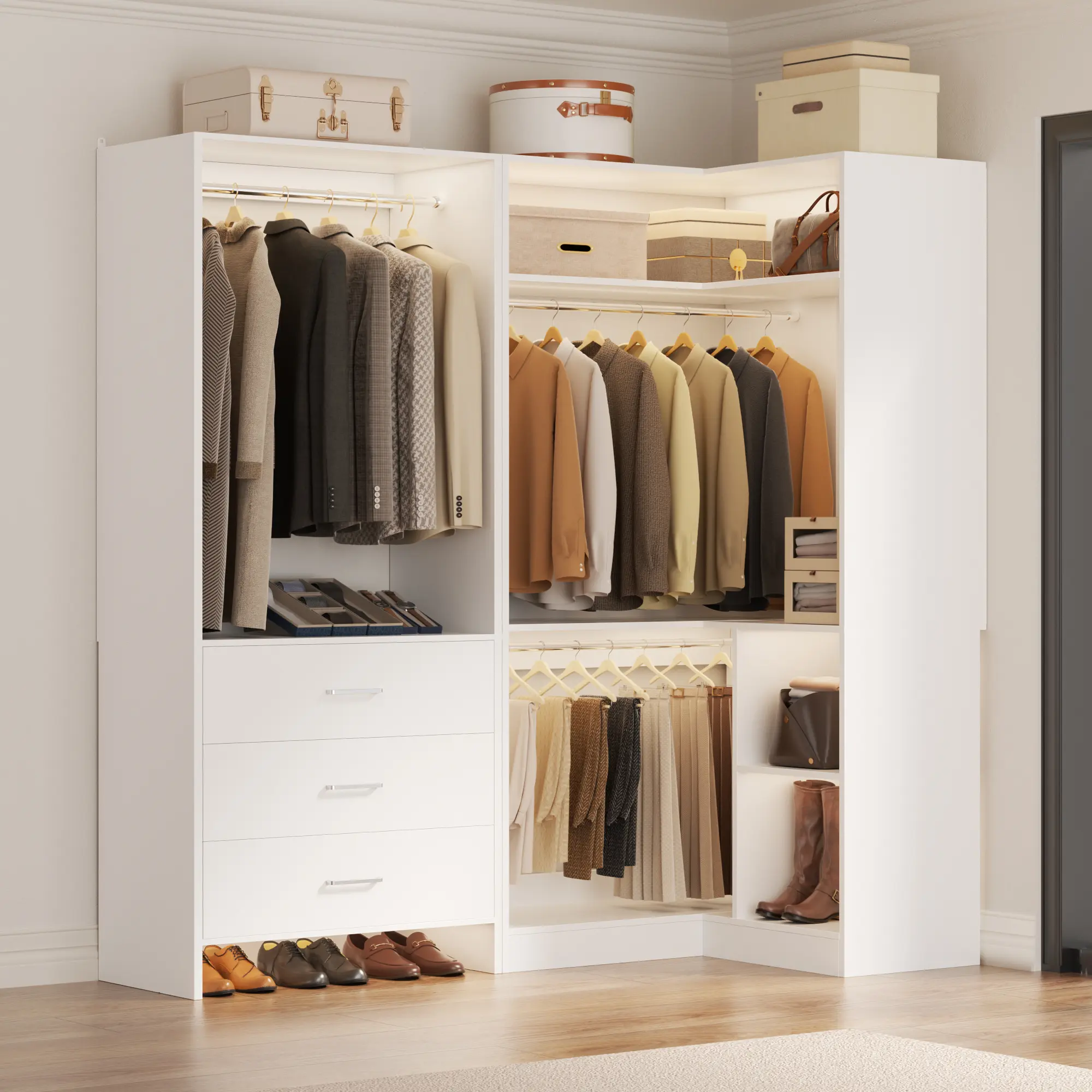 L-Shaped Corner Freestanding Wardrobe Closet System (55.5” Width), Sturdy Frame Clothes Organizer with 3 Wooden Drawers, 3 Adjustable Hanging Rods and Storage Shelves