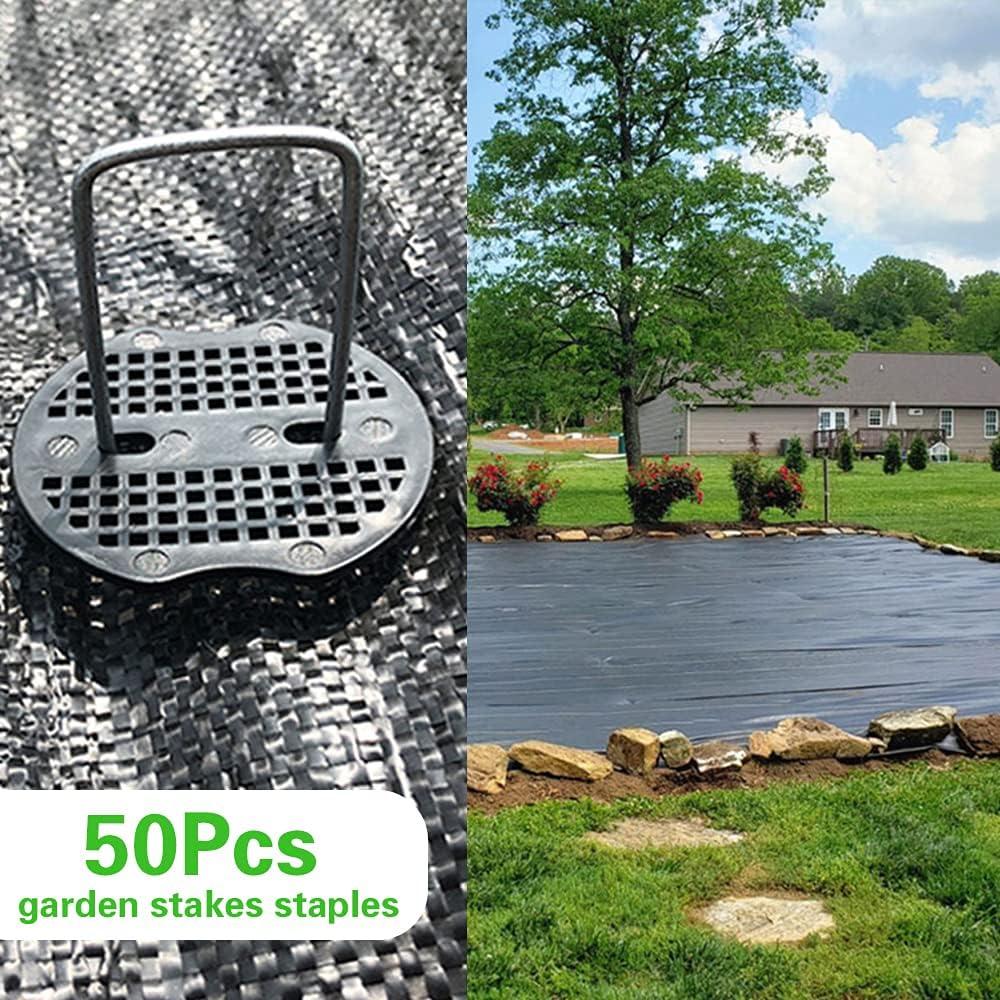 101-Piece Ergonomic Galvanized U-Shaped Garden Stakes Kit - 50 6-in 2.2mm Thickness Heavy-Duty Steel Wire Garden Staples, 50 Plastic Fixing Gaskets, 1 Pick Hook for Weed Barrier Cloth, Landscaping, Holiday Decorations