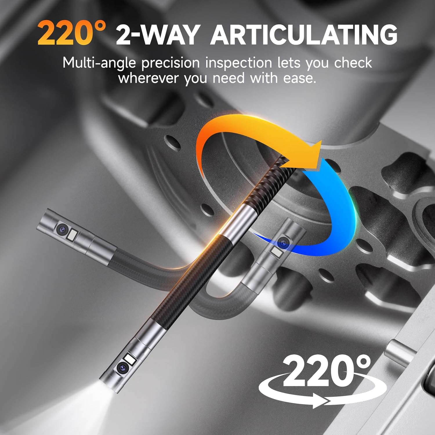 FOXWELL FY406D 0.25in Slim Dual Lens Articulating Borescope, 220° Two-Way Endoscope Camera with LED Light & IPS HD Screen, IP67 Waterproof Snake Camera for Engine, Automotive, Pipe & Wall Inspection – 5.3FT