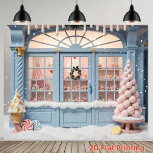 Christmas Winter Theme Background Cloth, Candy Store Window Snow Scene Decor, Light Blue Christmas Tree Holiday Photo Backdrop