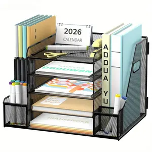 Mesh Desk Organizer with File Holder, 5-Tier Paper Letter Tray Organizer with Magazine Holder, Desktop Organizer and Storage for Office Supplies Home or School