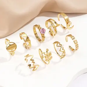 Set of 9 adjustable gold plated women's rings, Roman numerals, love, pink line, fashionable and simple, suitable for women's daily decoration