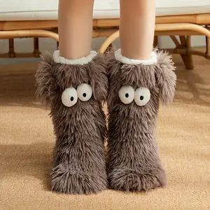 Cute Big Eye Women's Plush Slippers Socks, Home Slippers, Soft Material, Warm Sherpa Lining, Anti-Slip Thick Sole, Winter Fashion Accessory
