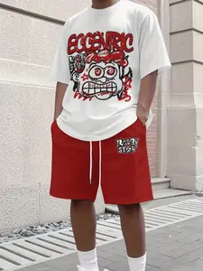 Men's Street Style Fashion Menswear Two-Piece Casual Set, Round Neck Short Sleeve Top & Shorts, All over Print, Fitted Design, Outfit