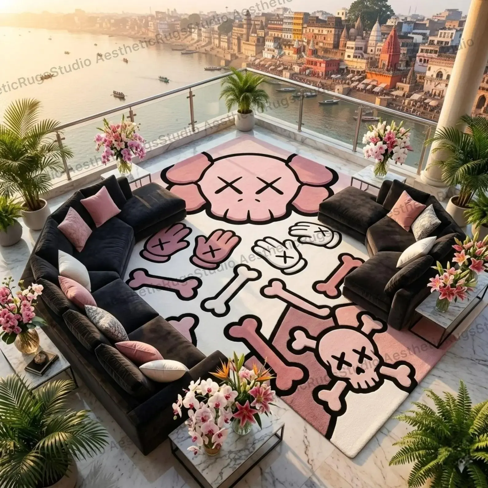 Pink Skull & Crossbones Hand Tufted Area Rug - Modern Graphic Carpet in Black, White, Blush Pink for Trendy Living Room, Bedroom (6x9, 9x12 Sizes)