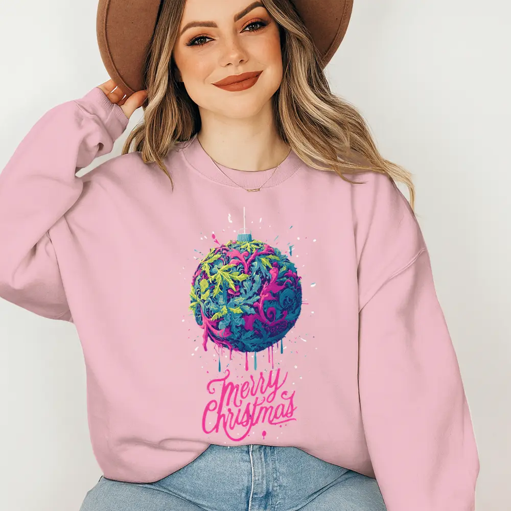 Psychedelic Merry Christmas Sweater, Vibrant Neon Ornament Print, Trendy Colorful Streetwear Sweatshirt, Aesthetic Holiday Outfit for Men and Women, Gift Idea