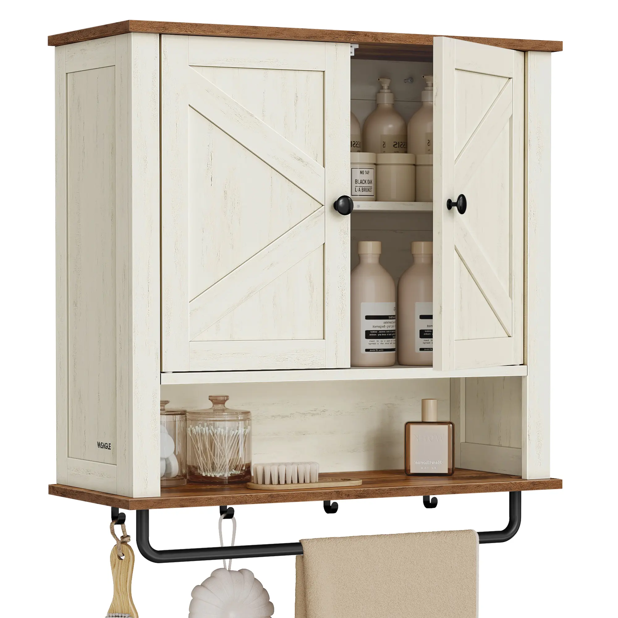 VASAGLE  - Bathroom Wall Cabinet, Farmhouse Wall-Mounted Medicine Storage Cabinet with 2 Barn Doors, Adjustable Shelf, Towel Bar