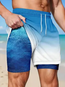 Men's Summer Double-Layer Anti-See-Through Beach Shorts, 2-In-1 Gradient Ocean Wave Print, Elastic Drawstring Waist, Breathable, Comfortable, Loose Fit