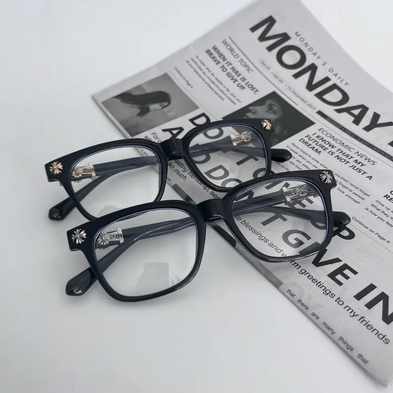 Grunge Aesthetic Gold-Toned Non-Prescription Eyewear Frames for Female, Metallic Cross Details Hybrid Metal-PC Durable, Glare Anti Blue Light Ultra-Clear Plain Glasses, Everyday Eyewear for Daily Outfits
