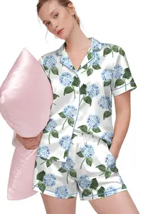 Women’s Hydrangea Bloom Blue Hydrangea Watercolor Flower Short Sleeve Satin Pajama Set, Long Sleeve Satin Pajama Set