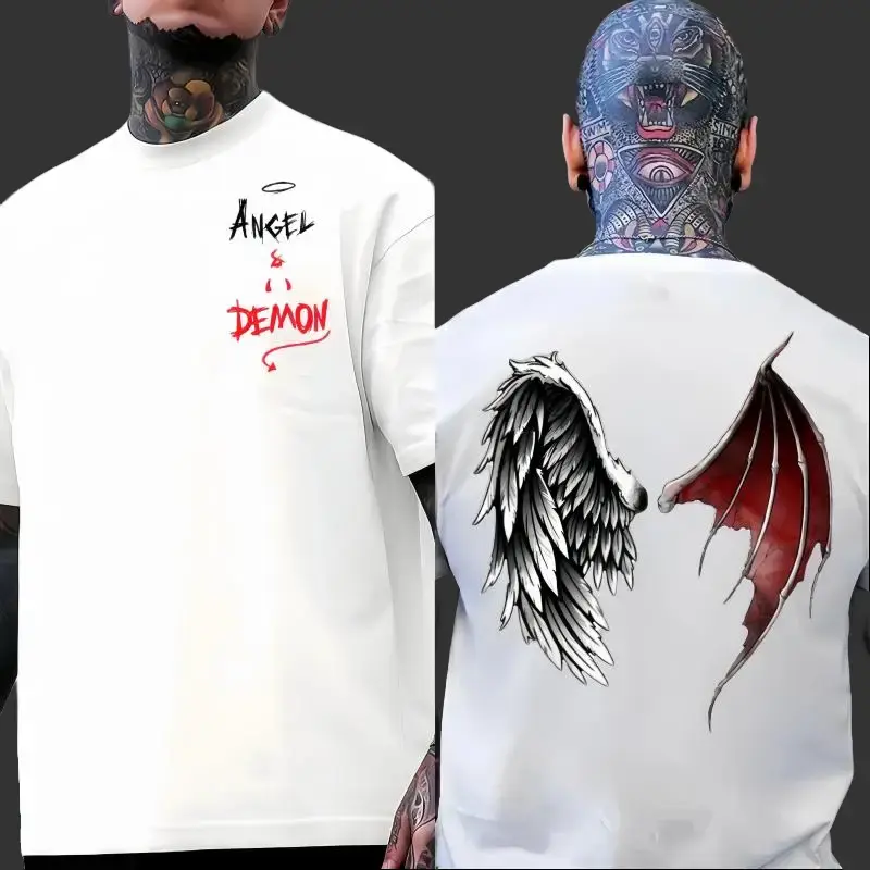 Menswear Short-Sleeve Round Neck Soft Cotton Angel Demon Wings T-Shirt, Double-Sided Printed, Black Dark Street Style, Unisex Loose Fit, Y2K Vibe Casual Outfit for Love-Focused Occasions