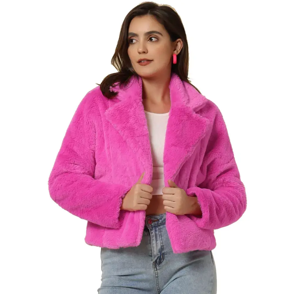 Allegra K Women's Winter Wedding Cropped Notch Lapel Open Front Formal Faux Fur Fluffy Coat X-Small Hot Pink