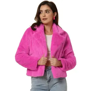 Allegra K Women's Winter Wedding Cropped Notch Lapel Open Front Formal Faux Fur Fluffy Coat X-Small Hot Pink