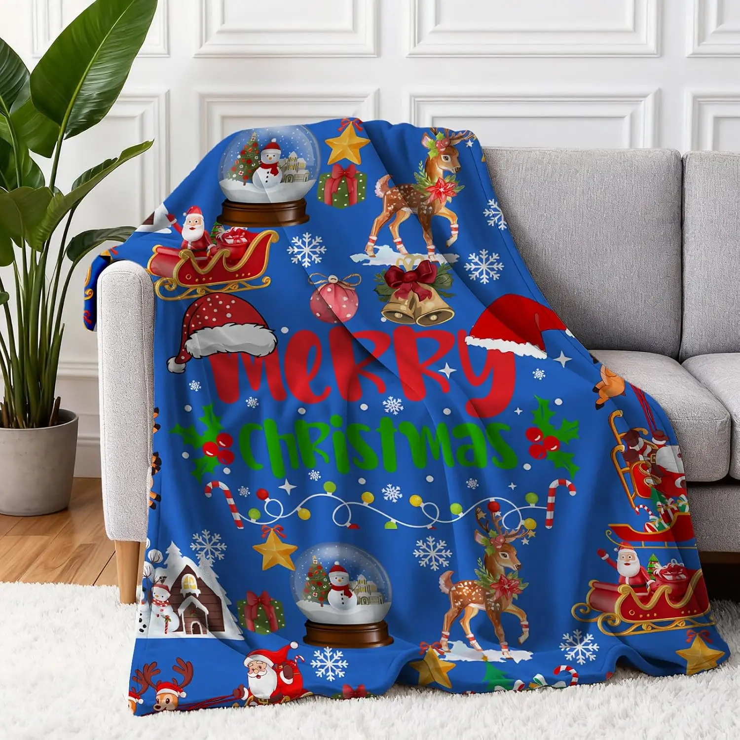 Christmas Blanket Snowflake Reindeer Christmas Tree Print Soft Flannel Fleece Throw - Blue Cozy Winter Bedding Couch Cover for Living Room Bedroom Sofa, Christmas Gift Xmas Present Gift Idea