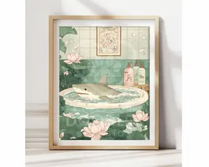 Shark In Bathtub Bathroom Poster Japanese Wall Art Funny Sea Animal Print Neutral Japandi Decor Quirky Coastal Minimalist Ocean Art