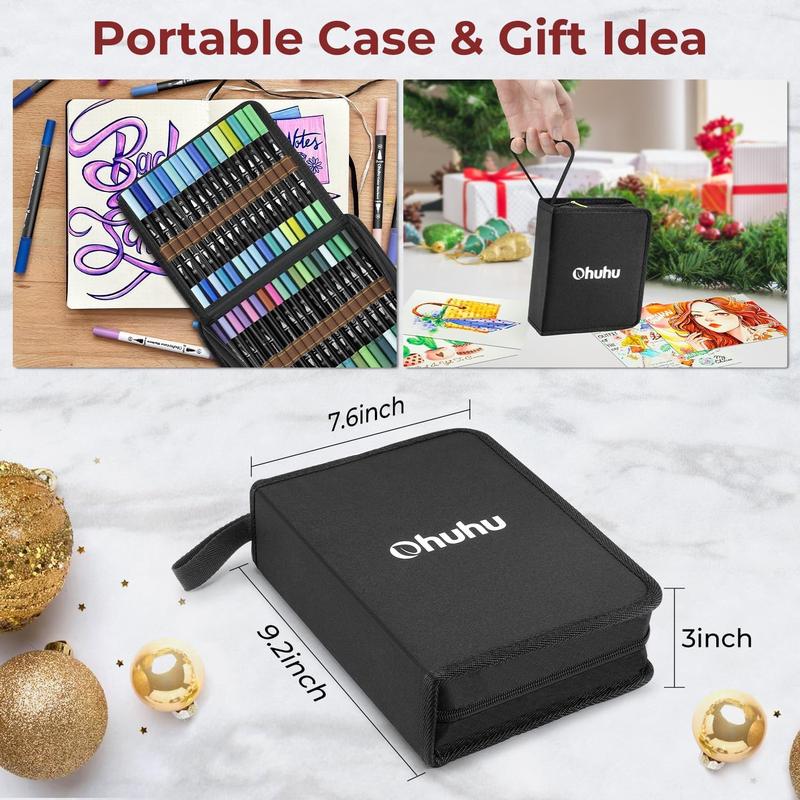 Ohuhu Maui 100-Color Brush Pens Dual Brush Fine Tip Drawing Pens Water-Based Coloring Markers for Calligraphy Bullet Journal with Carrying Case -Maui