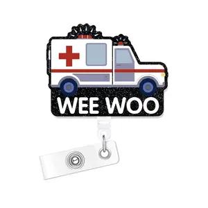 Cartoon Medical Vehicle Design Badge Holder, Retractable Badge Reel with Custom Lanyard, Belt Clip Retractable Name Badge Holder, Badge Decoration for Nurse Doctor Student Worker Volunteer
