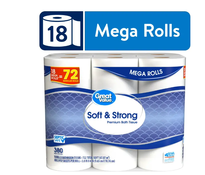 Great Value Soft - Strong 2&Ply Toilet Paper, 18 Mega Rolls, 380 Sheets per Roll