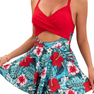 Women Cutout One Piece Skirt Swimsuit V Neck Wrap Tie Back Swimdress Tummy Control Bathing Suits High Rise Swimwear High Waist Swimwsuit