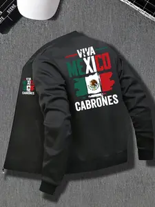 Men's Mexican Theme Pilot Jacket, Mexican Flag Eagle Aztec Print, Zipper Baseball Collar, Polyester Blend, Casual Fit