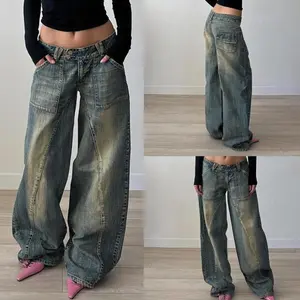 WomenVintageDenimWashedJeansPocketsLow-RiseBaggyFullLengthPull-OnTrousers