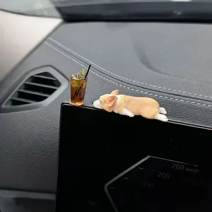 Cute Corgi Dog Car Decor Set, Realistic Sleeping Puppy with Ice Coffee Cup, Creative Dashboard Ornament for Trucks Suvs, Perfect Gift Idea, Car Accessories, Car Desktop Decor