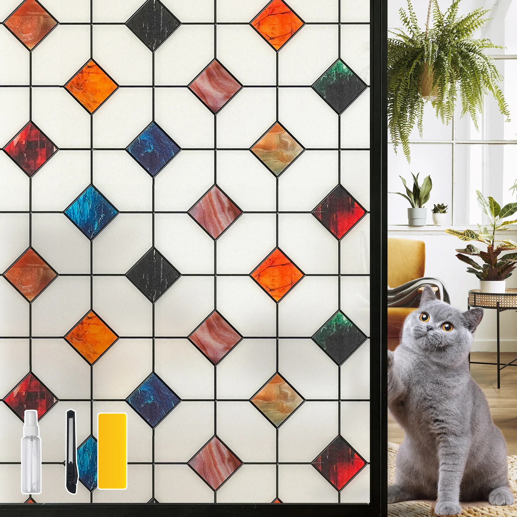 DKTIE 17.7"x78.7" Agate Stone Lattice Geometric Stained Glass Privacy Window Film, Removable Window Tint, Anti-UV, Heat Blocking, Easy-Install Electrostatic Cling, Includes Installation Tools, Decorative Decals Stickers