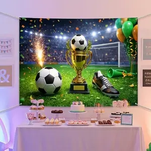 1 PC 2D Flat Banner Backdrop Soccer Championship Trophy Green Grass Party Photography Background For Sports Event Celebration Decor