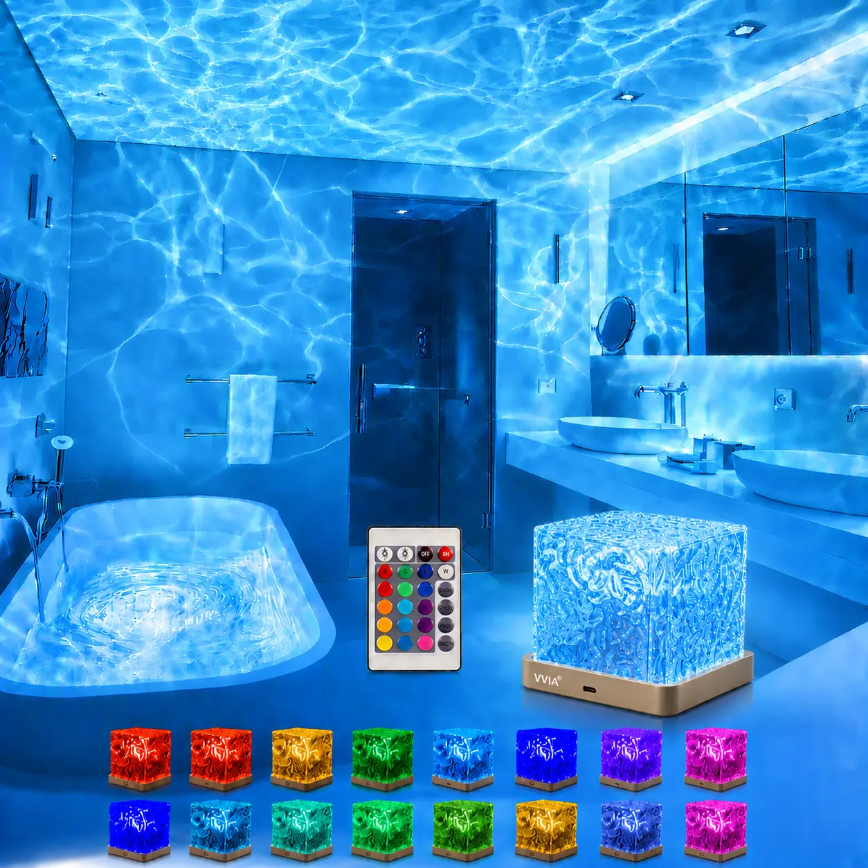 Rechargeable Ocean Wave Projector Light Shower Water Ripple Lighting Mood Ambient Room 16 Color LED Waterproof,Bathroom Northern Light Lamp USB Remote,Cube Night Decor for Kids Room,Girl Gift Shower suitable for bedrooms game rooms parties Christmas